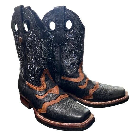 Wild West Other - Wild West Leather Boots Square Toe Black Brown Cowboy Rodeo Mens Size 6.5 EE